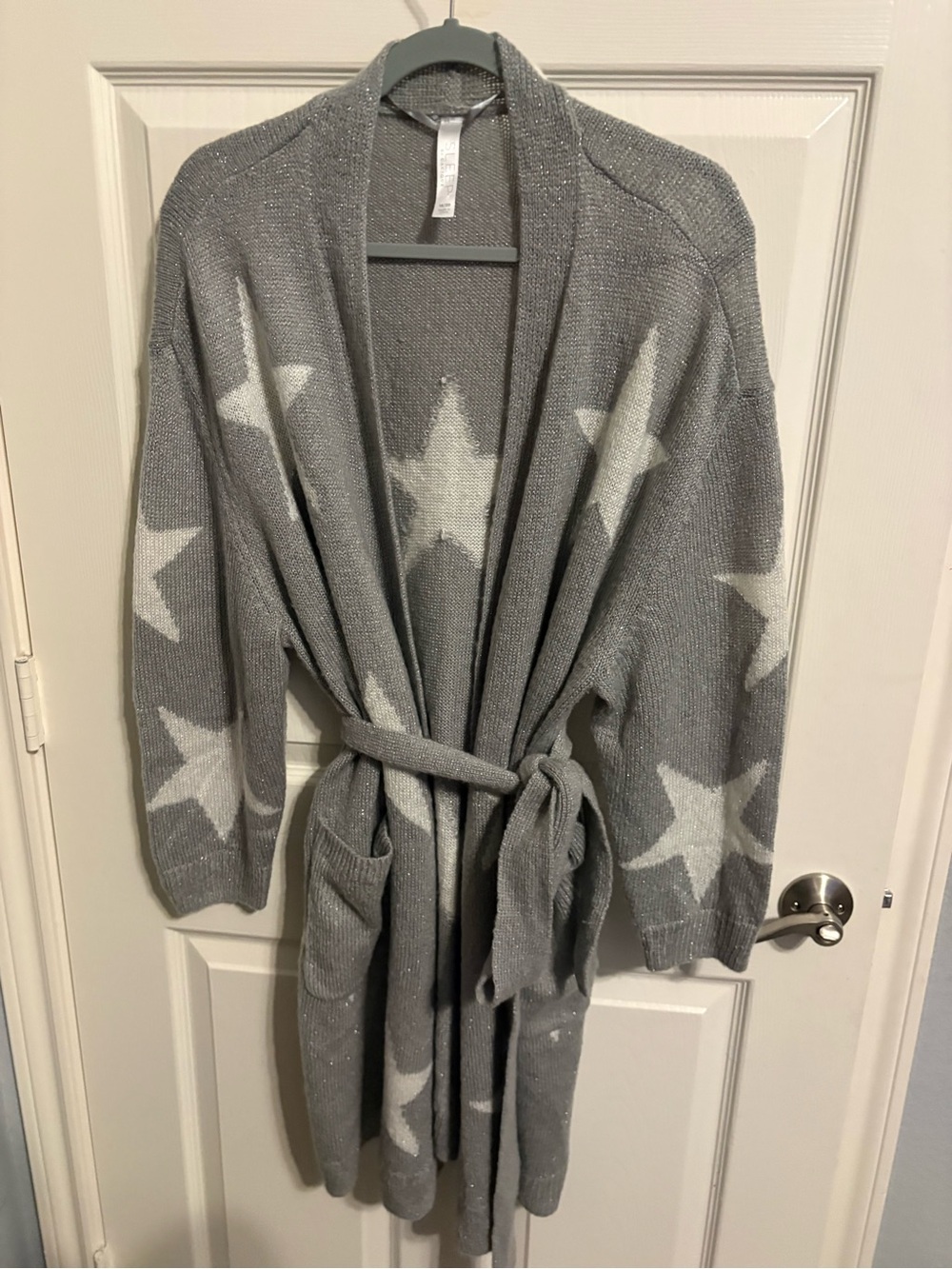 375- Cacique Gray and White Star Knit Belted Cardigan